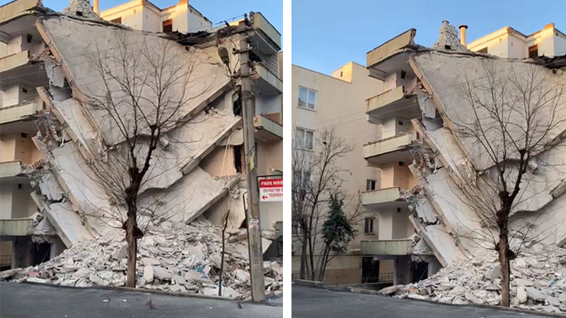 Şanlıurfa'da ağır hasarlı binanın bir bölümü kendiliğinden çöktü